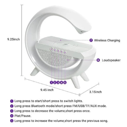 Wireless G Speaker with Wireless Charging, Desk Lamp Bedside Night Light, Smart Light, Sound Machine, and Bedroom Home Decor